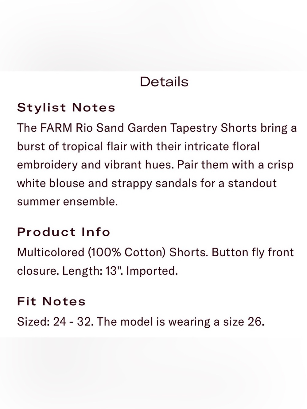 FARM Rio Sand Garden Tapestry Shorts - size 31 - NWOT - Picture 6 of 7